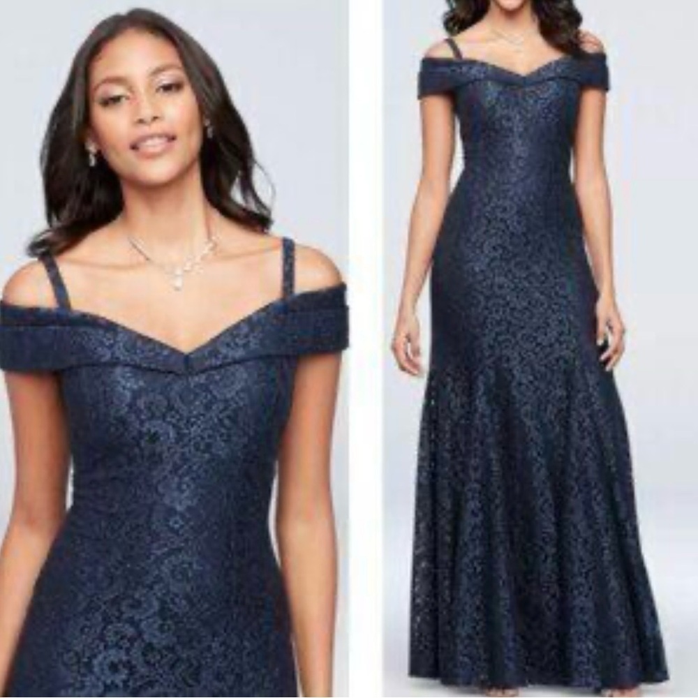 R&M Richard’s Elegant Navy Off-Shoulder Lace Gown Size 8 Navy Blue